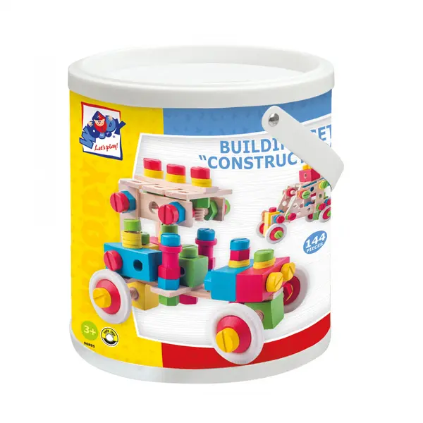 Jucarie din lemn , Set de constructie la galeata (144 piese)