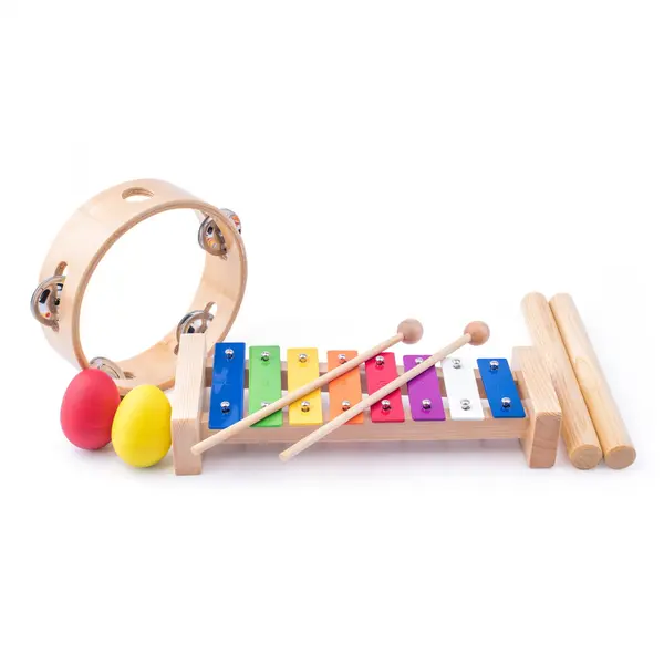 Jucarie din lemn , Set muzical: xilofon, tamburina si 2 maracas