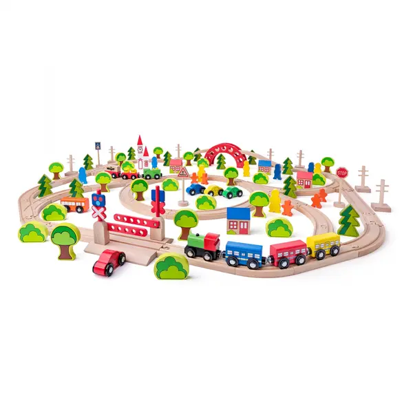Jucarie din lemn , Set tren maxi cu accesorii (120 piese)