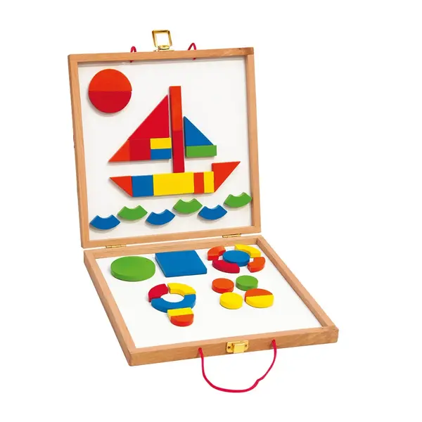Jucarie din lemn , Tabla magnetica cu forme geometrice si carduri