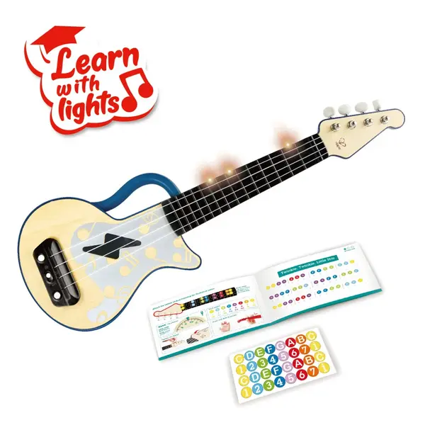 Jucarie din lemn , Ukulele (Chitara) albastru cu lumini, pentru copii (invata sa canti)