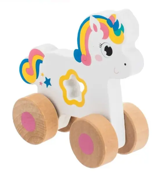 Jucarie din lemn unicorn cu 4 roti, 11x5x11 cm, +6 luni