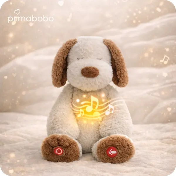 Jucarie din plus senzoriala, Primabobo, Catelus, 36 cm, Cu lumini ce simuleaza respiratia, Senzor pentru plans, Inregistrare vocala, Temporizator, 6 luni+, Bej