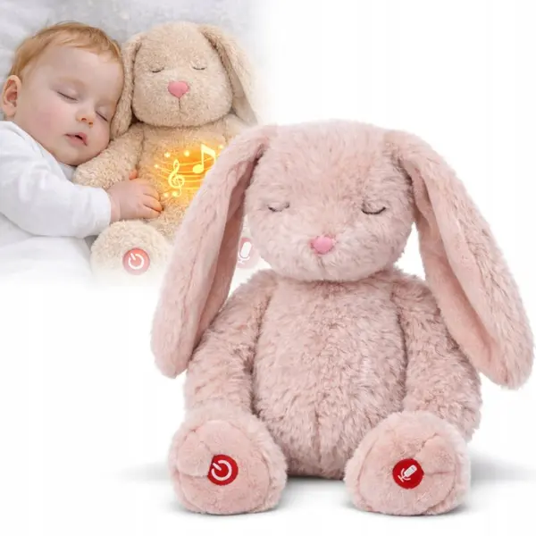 Jucarie din plus senzoriala, Primabobo, Iepuras, 36 cm, Cu lumini ce simuleaza respiratia, Senzor pentru plans, Inregistrare vocala, Temporizator, 6 luni+, Roz