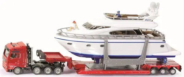 Jucarie metalica Siku Super - Camion cu remorca si iaht, 1:87