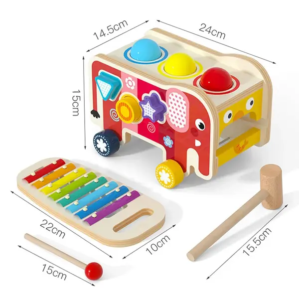 Jucarie Montessori camion 3 in 1 din lemn - xilofon, ciocanel si sortator forme