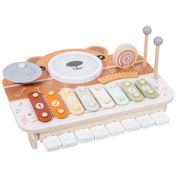 Jucarie Muzicala din Lemn Montessori - Xilofon, Tambur si Pian 3-in-1