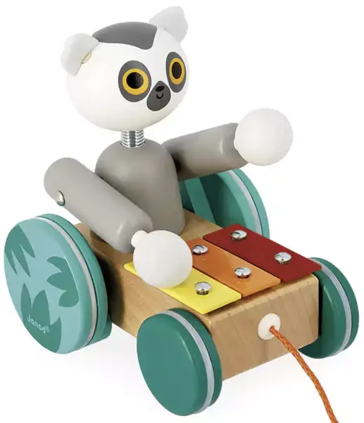 Jucărie pentru tragere din lemn Janod Tropik - Lemur cu xilofon
