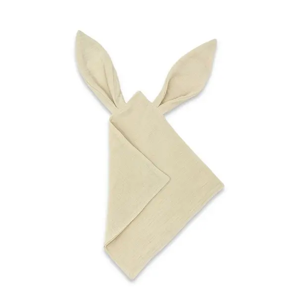 Jucarie textila senzoriala, Qmini, Cu urechi fosnitoare, 30 x 30 cm, Din muselina dubla, Warm Beige