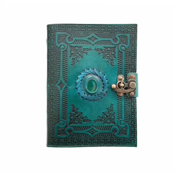 Jurnal vintage, 20x15cm, piele naturala, piatra verde cu simboluri, Krashell