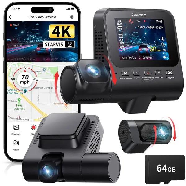 Jzones Camera auto DVR tripla Jzones 4K Ultra HD STARVIS 2 Triple Camera, MicroSD 64Gb