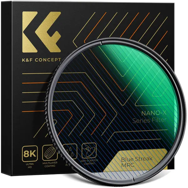 K&F 62mm Filtru Blue Streak, Grosime 2mm, HD, Rezistent la Apa, Anti-Zgariere, Cadru Aluminiu Aviatic