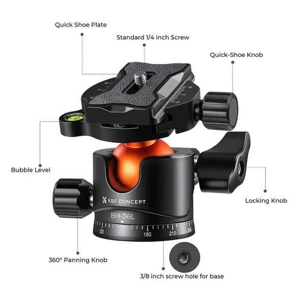 K&F Concept 36mm Cap Bila Trepied, Rotire 360 Grade, Sarcina Maxima 16kg, Placa Quick Release 1/4 inch, Nivela cu Bula