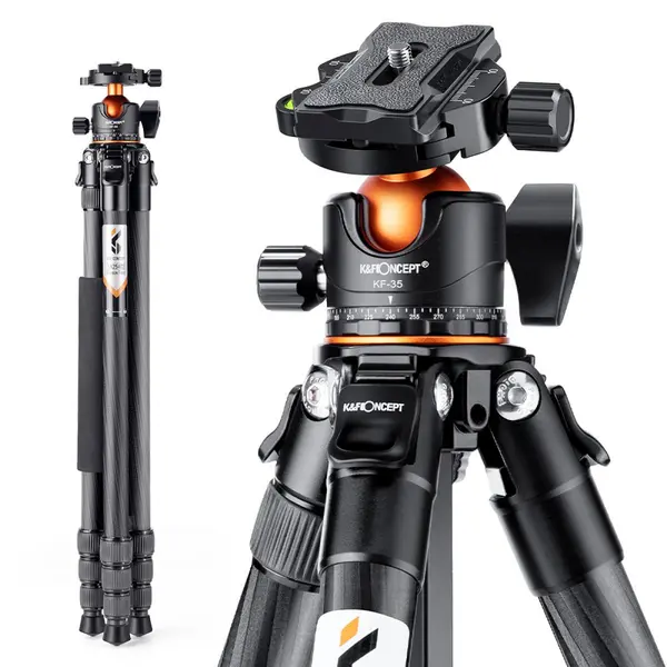 K&F Concept A254C4+BH-35L Trepied Foto Fibra de Carbon, Inaltime Maxima 1.7m, Sarcina 15kg, Cap Bila 35mm, Monopied Detasabil,