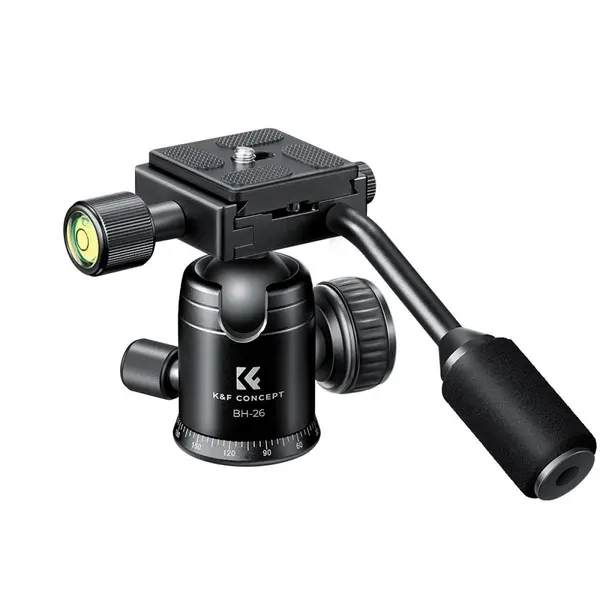 K&F Concept Cap Bila Trepied 26mm din Metal, Cu Maner, Rotatie Panoramica 360 Grade, Sarcina Maxima 8kg, Nivela cu Bula