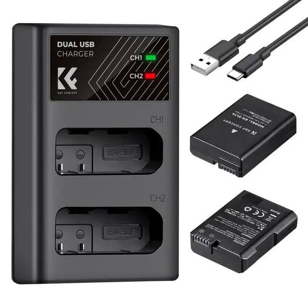 K&F Concept EN-EL14 Baterie Dubla pentru Camera, 1050mAh, Incarcator Dual Channel USB Type-C, Pentru Nikon