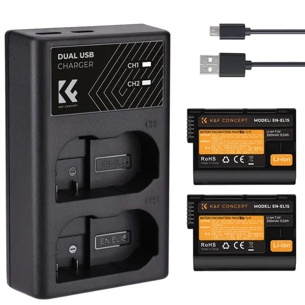 K&F Concept EN-EL15 Baterii Duale si Incarcator, 2x 7.4V 2100mAh, Incarcator Dublu Micro USB/Type C, Pentru Nikon