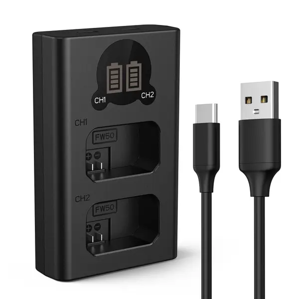 K&F Concept Incarcator Baterie NP-FW50, Display LCD, Dual Slot, Micro USB si Type-C, 6 Protectii