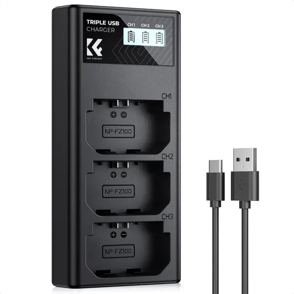 K&F Concept Incarcator Baterii Sony NP-FZ100, 3 Sloturi, Display LCD, Intrare USB si Type-C