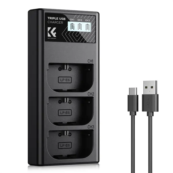 K&F Concept Incarcator Canon LP-E6NH, 3 Sloturi, Display LCD, Intrare Micro USB si Type-C