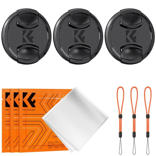 K&F Concept Kit Capace Obiectiv 82mm, 3 Capace Snap-On Logo KF, 3 Snururi Anti-Pierdere, 3 Lavete Microfibra