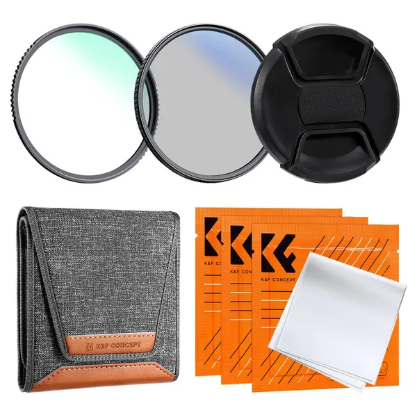 K&F Concept Kit Filtre Foto 82mm, UV si Polarizare CPL, Nano-Coating 18 Straturi, Capac Obiectiv, 3 Lavete Curatare