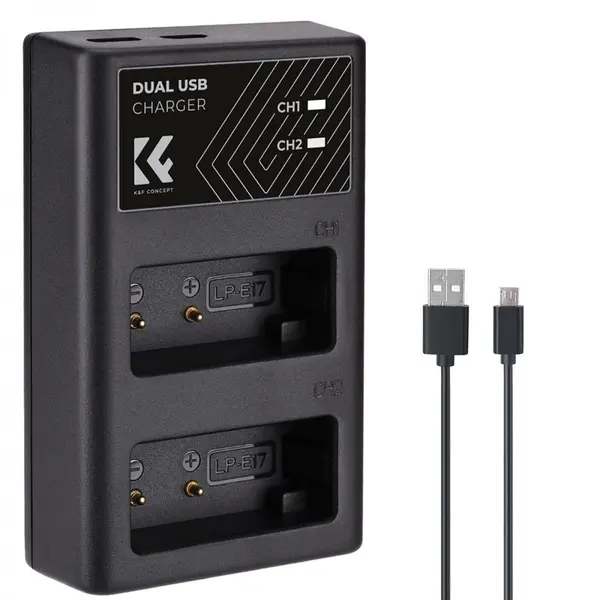 K&F Concept LP-E17 Incarcator Dublu Acumulatori, Porturi Type-C si Micro USB, Protectie Inteligenta, Compatibil Canon