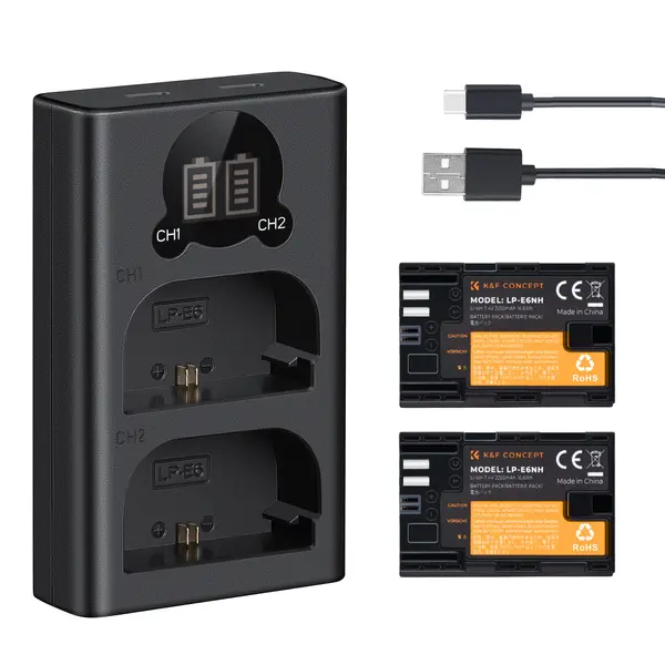 K&F Concept LP-E6NH Set Baterii Dubla si Incarcator, 2250mAh, 7.4V, Incarcare Duala, Afisaj LCD, Compatibil Canon
