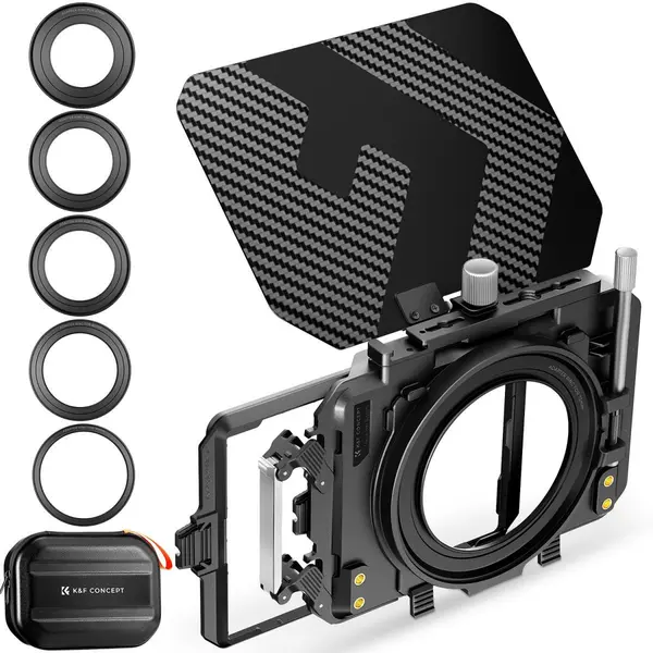 K&F Concept Matte Box Kit, Fibra de Carbon, 5 Inele Adaptoare 67-95mm, 2 Rame Filtru 4x5.65 Inch, Grosime 34mm