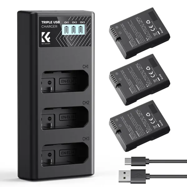 K&F Concept Nikon EN-EL14 Baterii Camera 1050mAh, Set 3 Bucati, Incarcator LCD 3 Sloturi, Intrare Dual Micro USB/Type-C