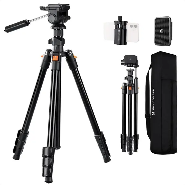 K&F Concept O234A0+BV01 Trepied Video, Inaltime Maxima 196cm, Sarcina 4kg, Cap Video 360 Grade, Pliere 43cm, Suport Telefon