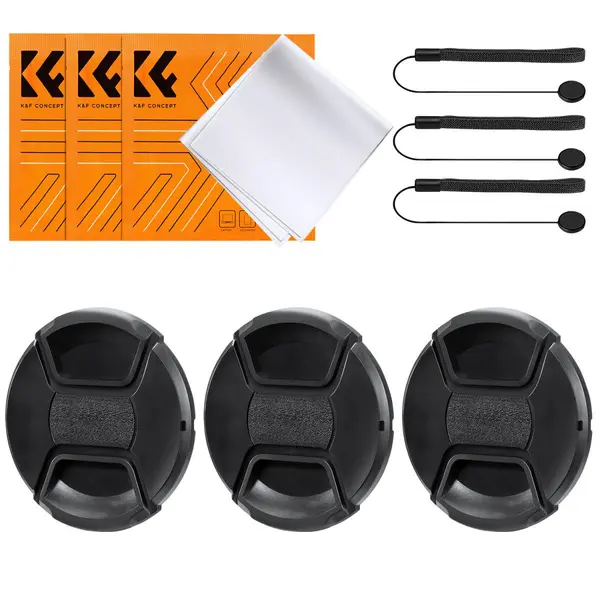 K&F Concept Set Accesorii Obiectiv 9-in-1, Capac Obiectiv 49mm, 3 Snururi Anti-Pierdere, 3 Lavete Curatare Microfibra, Material