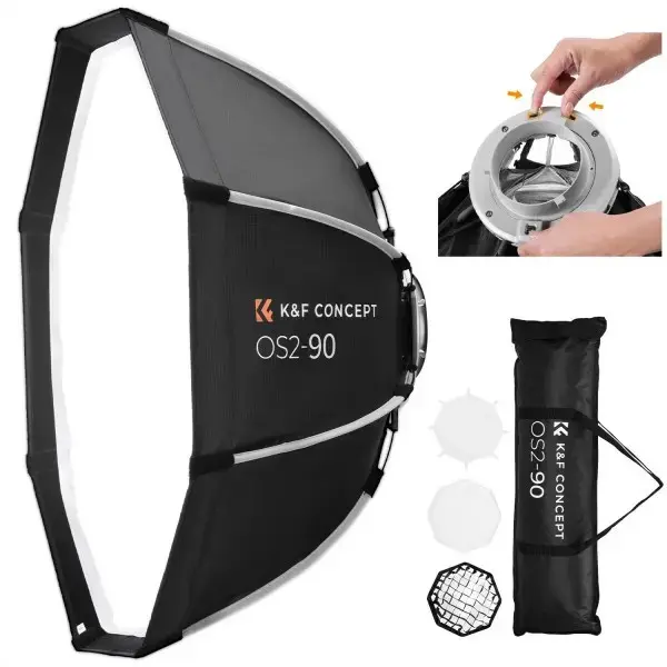 K&F Concept Softbox Octagonal 90cm, Montura Bowens S-Type, Asamblare Rapida Tip Umbrela, Interior Argintiu Reflectorizant