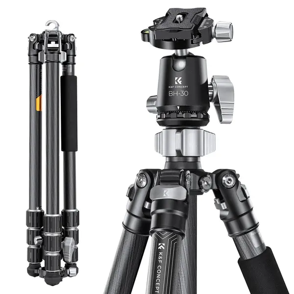 K&F Concept X254C4+BH-30 Trepied Fibra de Carbon, Cap Bila 30mm, Capacitate 12kg, Greutate 1.55kg, Panoramare 360°