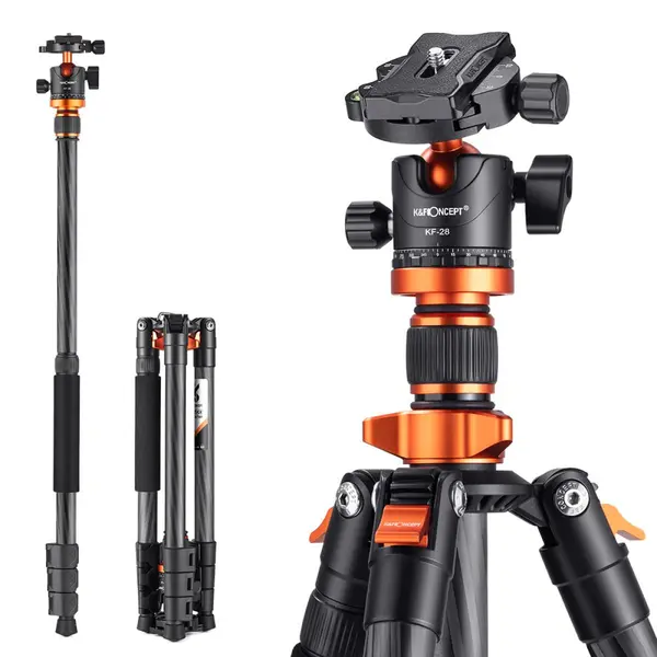 K&F D254C1+BH-28L Trepied Foto Portabil Carbon, Pliere Reflex 180°, Monopied Detasabil, Cap Bila Metalic 360°