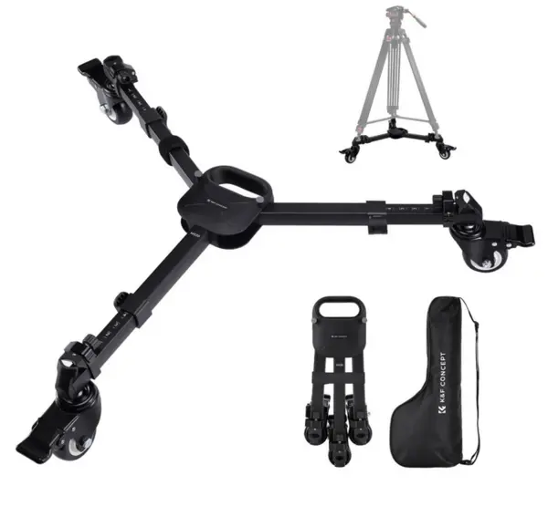 K&F Dolly pentru Trepied, Roti Cauciuc 3 Inch, Rotatie 360 Grade, Capacitate 20kg/44lbs, Aluminiu, Picioare Ajustabile