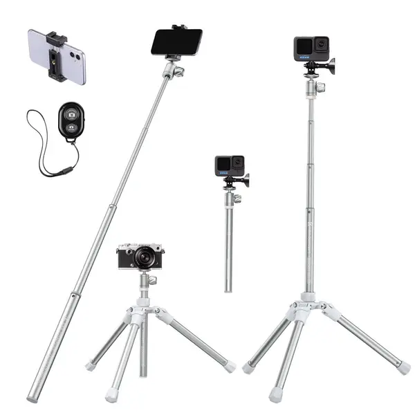 K&F E224A3+BH-18 Trepied Telefon Tub Excentric, Inaltime 36-170cm, Pliat 30cm, Greutate 0.88kg, Filet 1/4 inch, Argintiu
