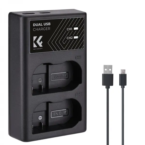 K&F EN-EL15 Incarcator Dublu, Compatibil Nikon EN-EL15/EN-EL15a/EN-EL15b, USB-C si Micro USB, Afisaj LCD, 2 Sloturi