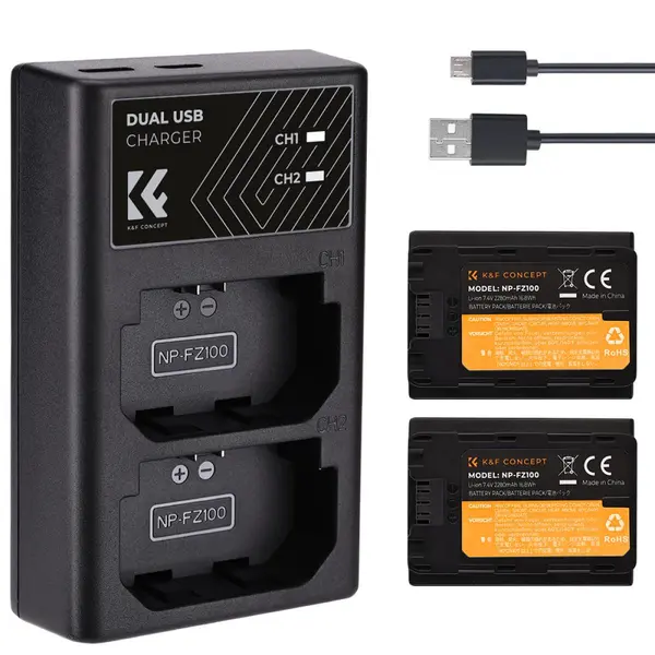 K&F FZ100 Set Baterie Dubla si Incarcator pentru Camera Digitala, 2880mAh, Incarcator Dublu, Compatibil Sony, USB/Type-C
