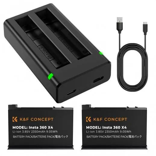 K&F Insta 360 X4 Set 2 Acumulatori si Incarcator, 3.85V, 2350mAh, Incarcator Dublu LED, Micro USB si Type-C