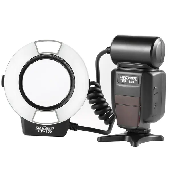 K&F KF150 Blitz Inelar Macro TTL pentru Canon, GN14, 4 Moduri, 8 Niveluri Luminozitate, 6 Inele Adaptoare, Reincarcare 2.9s