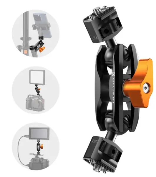 K&F KF31.082V1 Magic Arm cu Doua Capete Bila, Rotatie 360°, Montura 1/4 inch cu Pin ARRI, Metal cu Cauciuc, Blocare cu Cheie