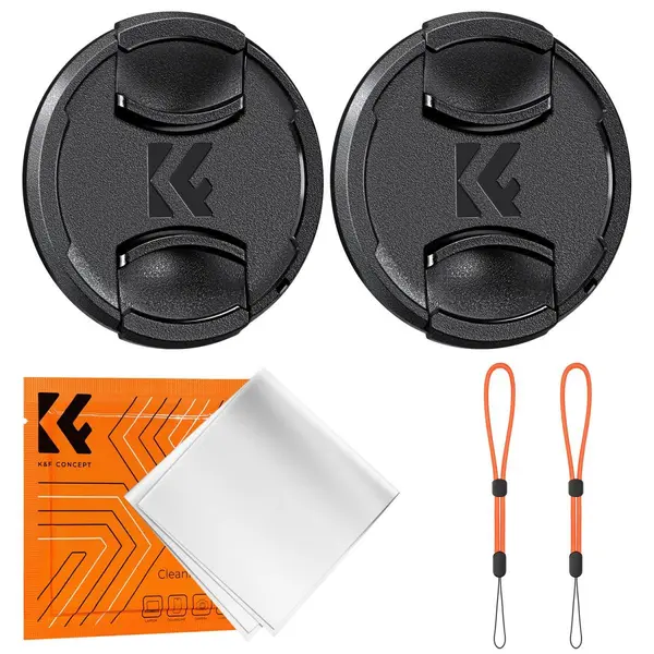 K&F Kit Capace Obiectiv 82mm, 2 Capace, 2 Snururi Anti-Pierdere, 1 Laveta Curatare