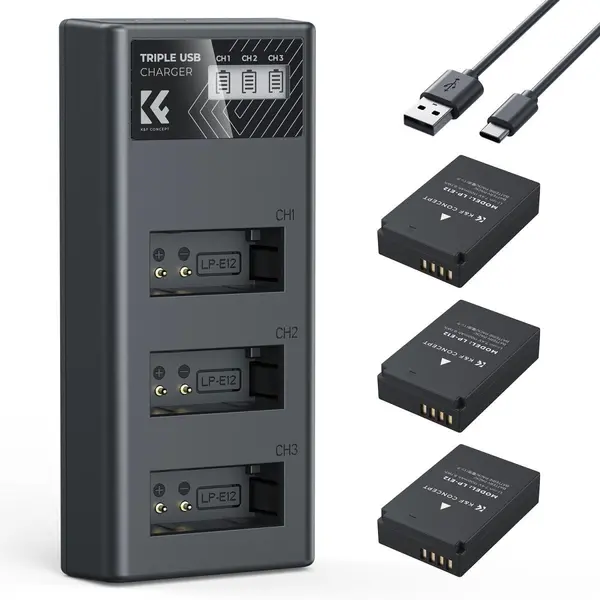 K&F LP-E12 Baterie Foto 1100mAh, Set 3 Bucati, Incarcator LCD 3 Sloturi, Port Type-C, Compatibil Canon EOS M50