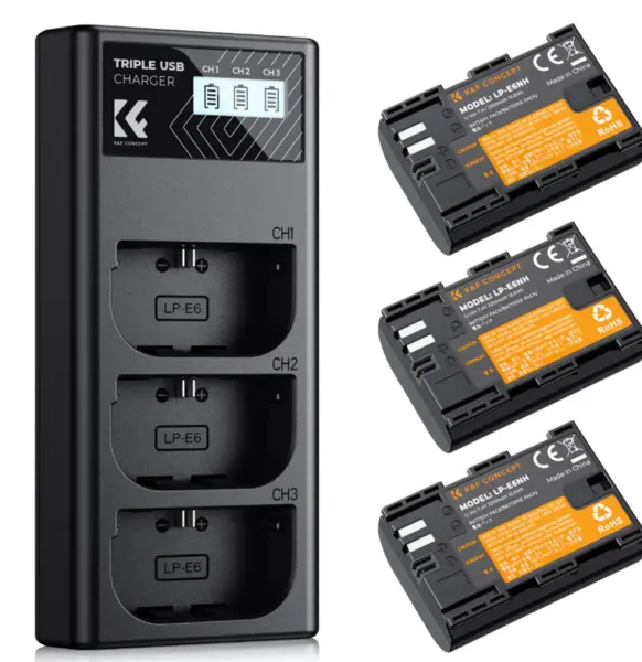 K&F LP-E6NH KF28.0039V1 Acumulator Camera, Set 3 Bucati, 2250mAh, Incarcator LCD 3 Sloturi, USB Type-C