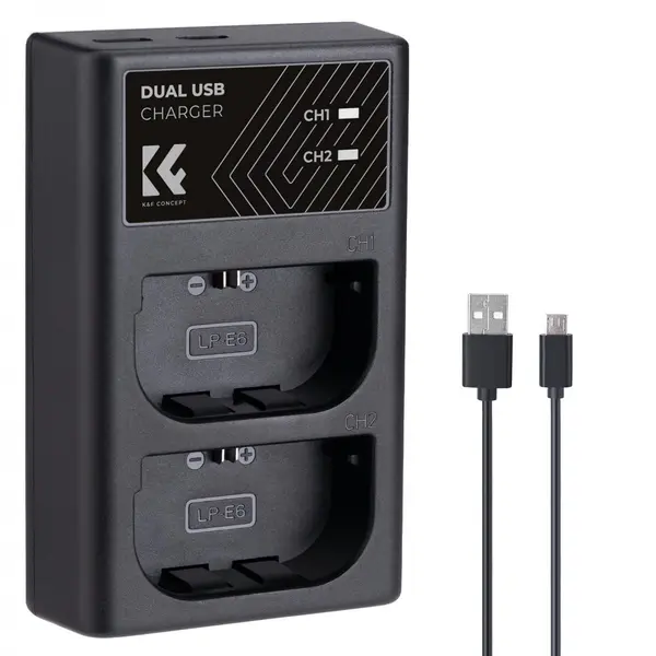 K&F LPE6NH Incarcator Dublu pentru Acumulatori, Compatibil LP-E6/LP-E6N/LP-E6NH, Type-C si Micro USB, Iesire 700mA/500mA