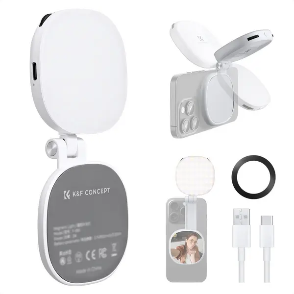 K&F Magnetic Selfie Light with 360°Rotation & Mirror, CRI95+ Lumina ringlight pentru telefon