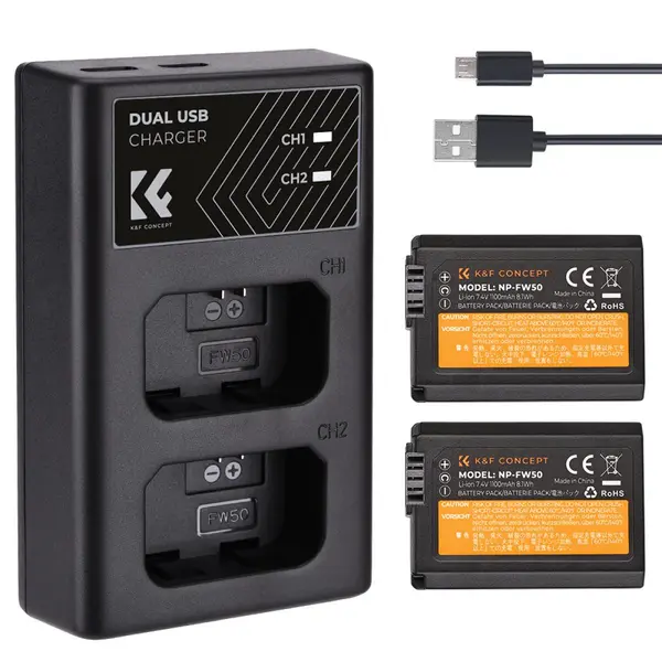 K&F NP-FW50 Set 2 Baterii 1100mAh cu Incarcator Dublu, Compatibil Sony, Porturi Micro USB si Type C