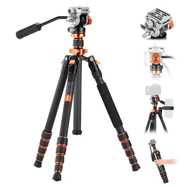 K&F O255C4+FH-03 Trepied Foto Carbon cu Cap Video Hidraulic, Greutate 1.1kg, Sarcina 5kg, Inaltime 173cm, Diametru Tub 25mm