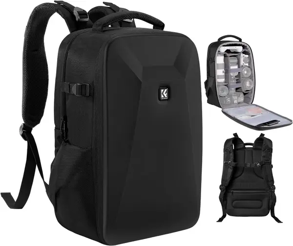K&F Rucsac Foto Hardshell, Capacitate 22L, Compartiment Laptop 15.6 inch, Carcasa EVA Rigida, Suport Trepied, Negru